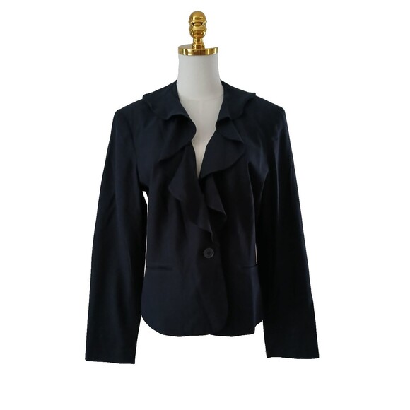 Chaps Jackets & Blazers - Chaps Women's Silk & Cotton Blend Blazer with Ruffle Neckline Size 12 Navy Blue
